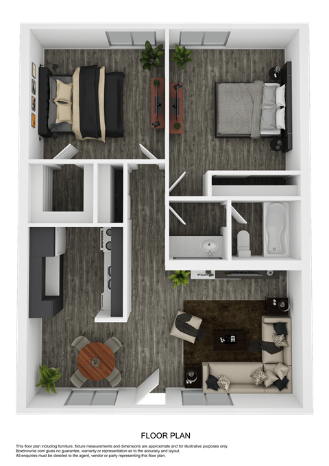 Floor plan for 2 beds, 1 bath, 750 sqft